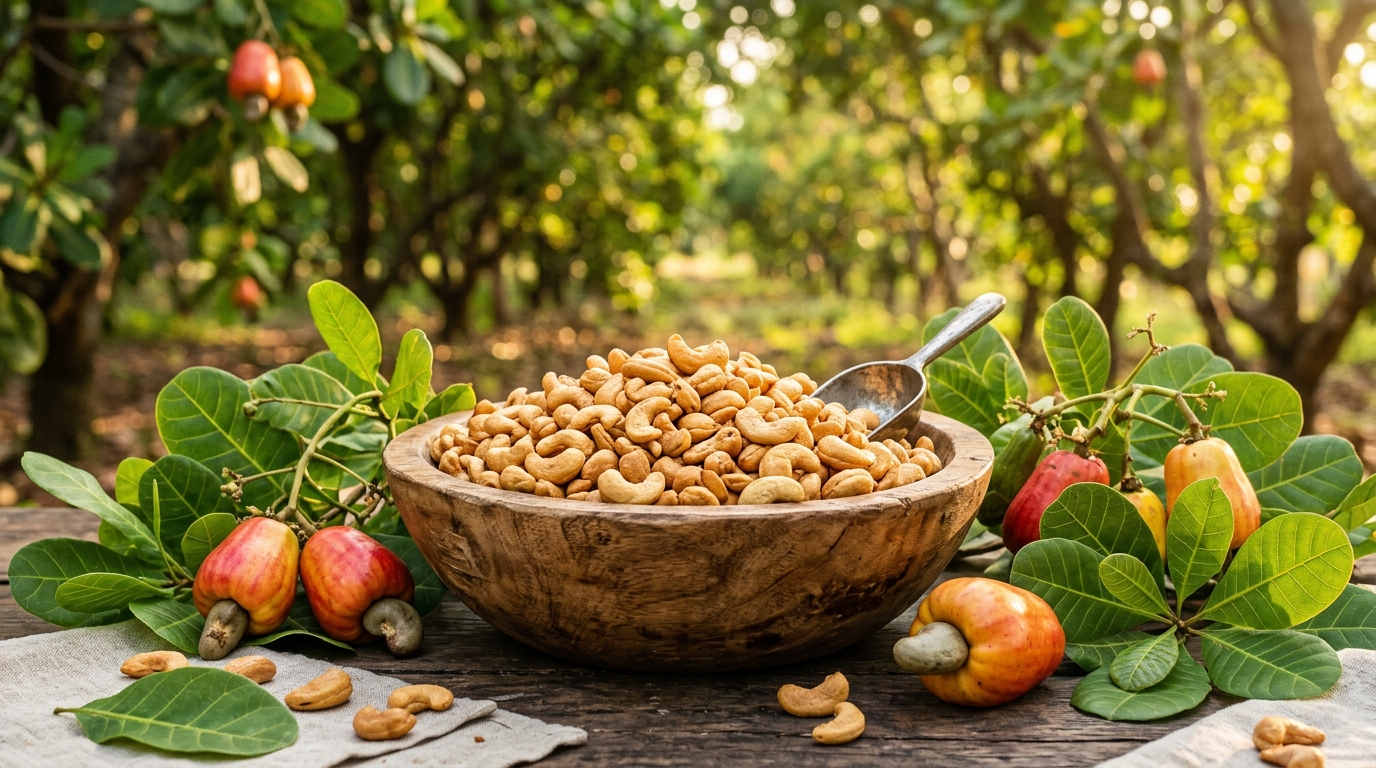 Premium Cashews in a wooden bowl surrounded by green leaves